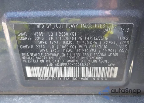 2013 Subaru Outback 2.5I из США, поврежденный, VIN 4S4BRBACXD3255242